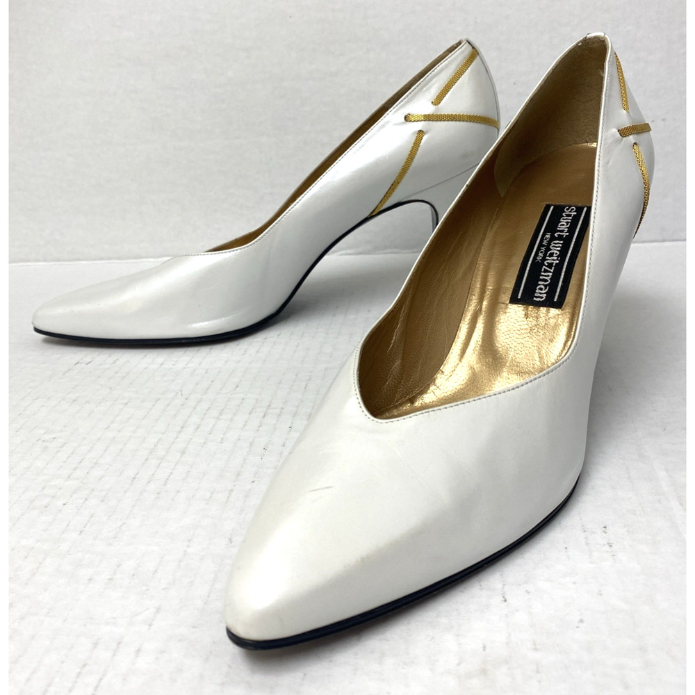 Stuart Weitzman White Pump Leather Gold Slim Heel Classic Vintage Almond Toe 10 - Picture 6 of 10